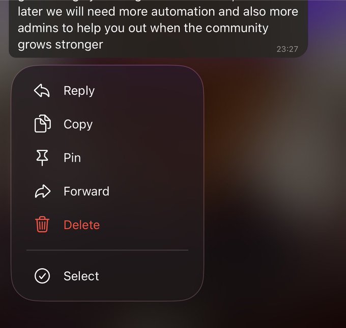 A close-up screenshot of a messaging app shows a context menu with options including Reply, Copy, Pin, Forward, Delete (in red), and Select, overlaying a message sent at 23:27 that reads "later we will need more automation and also more admins to help you out when the community grows stronger." The image appears to show long-press message action options, likely demonstrating features relevant to the post's call for community engagement and administration.