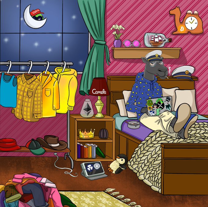 A colorful cartoon illustration of a bedroom where a sheep character wearing a blue star-patterned hoodie and glasses sits on a bed using a laptop, surrounded by various clothes and items.