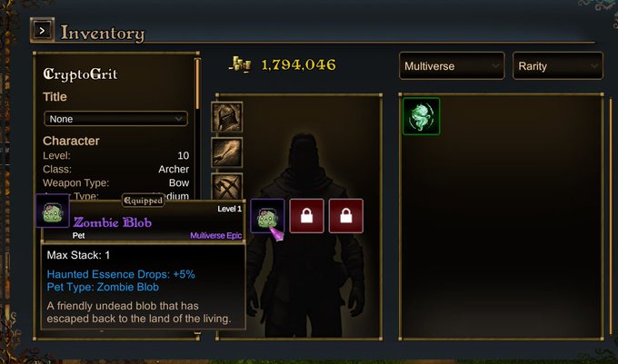 A video game inventory screen displays a character labeled 'CryptoGrit', a Level 10 Archer with a Bow, and a tooltip for a 'Zombie Blob' pet showing stats like 'Haunted Essence Drops: +5%' and 'Pet Type: Zombie Blob'.