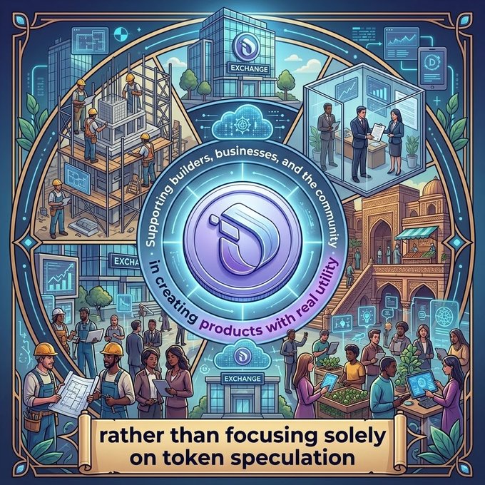 A stylized illustration promotes a crypto project, featuring the text "Supporting builders, businesses, and the community in creating products with real utility rather than focusing solely on token speculation."