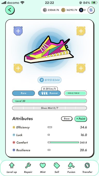 The image shows an app screen with a colorful shoe design displayed at the top of the page. The app has a green background and white text that reads "Stepn I ended up buying a runner for the challenge capsule My knee's hurting from the jogger, so it might be tough... If it seems doable, I'll give running a try".