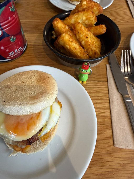 A breakfast meal featuring an English muffin sandwich with egg and cheese, a bowl of potato wedges, and a can of tomatoes (28 fl oz), with a small green bird toy on the table.