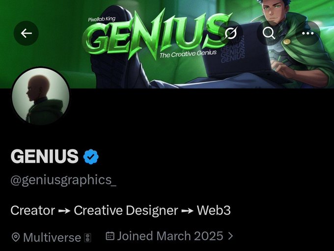 An X/Twitter profile page for 'GENIUS' (@geniusgraphics_) with a green PixelLab King banner, describing them as 'Creator ➔ Creative Designer ➔ Web3' joined March 2025.