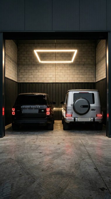 The image shows a garage with two cars parked inside - one black SUV and one white SUV. The garage has a brick wall and a neon light fixture hanging from the ceiling, creating an industrial atmosphere. There are also some text elements present in the image that read "Goodmorning @quipnetwork is building hybrid computing infrastructure where classical and quantum systems work together to solve complex problems powered by $QUIP, contributors earn rewards while powering the future of computation."