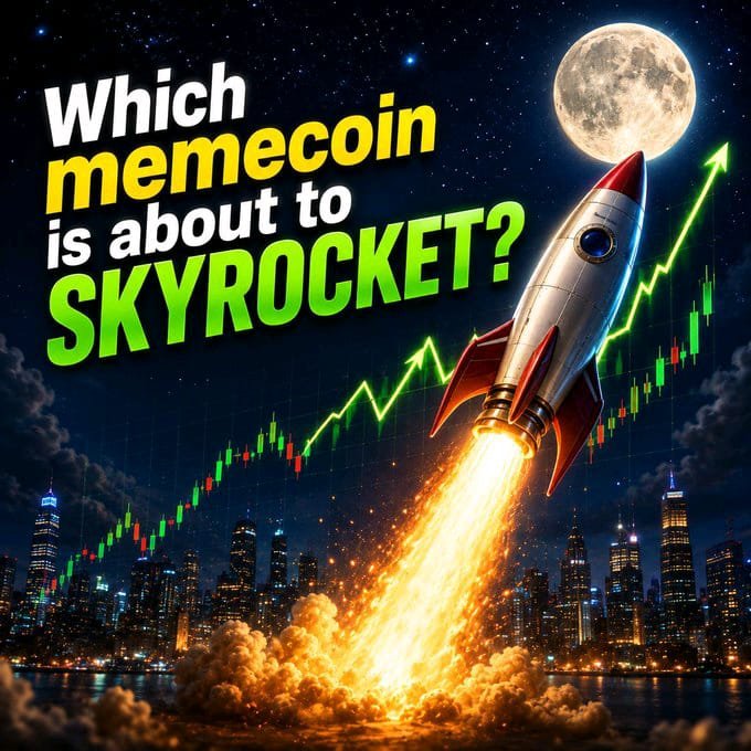 A meme coin promotional graphic with bold text reading 'Which memecoin is about to SKYROCKET?' featuring a rocket launching into a starry sky above a city skyline, with a green upward candlestick chart.
