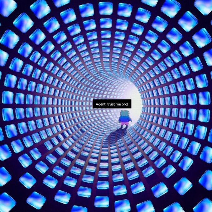 The image features a large, circular tunnel with blue squares arranged in a grid pattern. A person can be seen walking through the tunnel towards the bottom right corner of the image. The caption at the top reads "Agent trust me bro", which is likely a reference to the popular movie "The Social Network".
