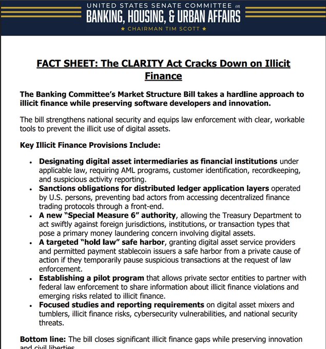 A US Senate Committee on Banking, Housing, & Urban Affairs fact sheet titled 'The CLARITY Act Cracks Down on Illicit Finance,' listing provisions including digital asset intermediaries, sanctions obligations, Special Measure 6, a hold law safe harbor, a pilot program, and focused studies.