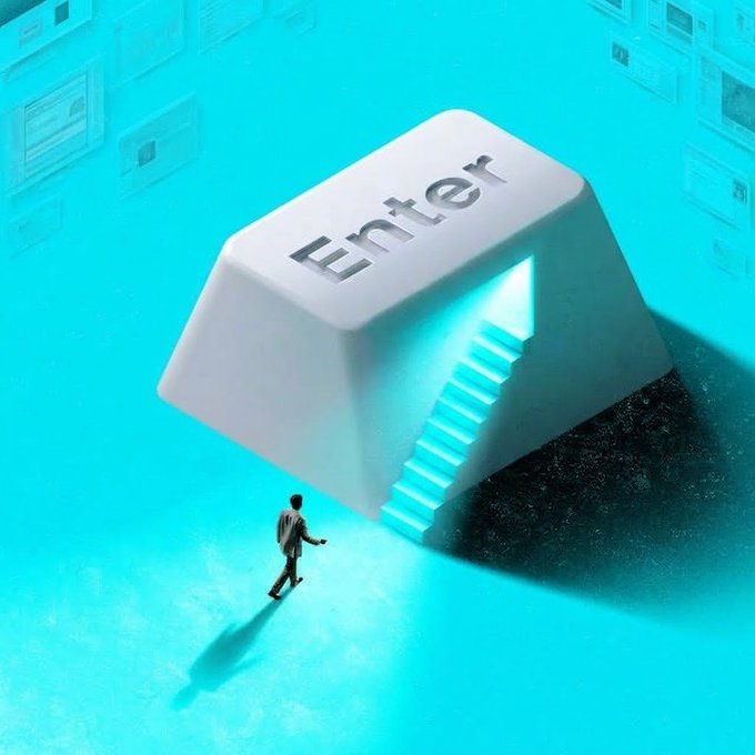 A tiny person walks toward a giant computer "Enter" key that opens into glowing stairs, symbolizing a gateway into a digital world. This visual metaphor ties to the post's invitation for GM Wallet users to step into the onchain space and start trading, earning, and building.