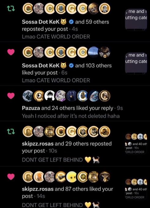 A screenshot of a social media notifications page showing viral engagement with cult memecoin-themed posts, with "Sossa Dot KeK and 103 others" liking and "Sossa Dot KeK and 59 others" reposting a post captioned "Lmao CATE WORLD ORDER," while "skipzz.rosas and 87 others" liked and "skipzz.rosas and 29 others" reposted "DONT GET LEFT BEHIND 🧡🐈." The high repost and like counts on these cat-crypto references illustrate the successful revival of cult memecoins referenced in "We brought back cult memecoins."