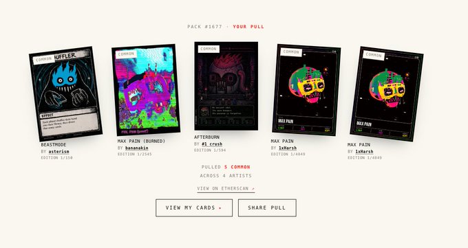 A digital card pack display shows five NFT-style cards from 'Etherscan' including 'BEASTMODE by astercat' and multiple 'MAX PAIN by 1ofarsh' editions (1/2545, 1/4849, 1/6849).