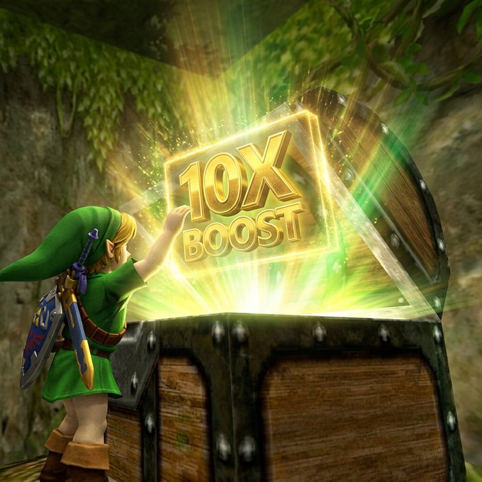 A video game scene showing Link from The Legend of Zelda reaching toward a glowing treasure chest that emits a '10X BOOST' message.