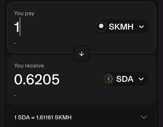 The image shows a cryptocurrency swap interface where 1 SKMH can be exchanged for 0.6205 SDA, with an exchange rate of 1 SDA = 1.61161 SKMH. This exchange quote supports the post's narrative of growing demand and buying pressure for $SKMH, as the active trading on SidraDEX demonstrates investor engagement with the token.
