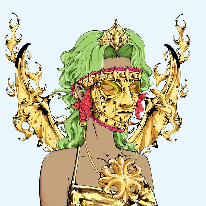 An illustration depicts a character with green hair wearing an ornate gold mask, headdress, and wing-like golden accessories, set against a light blue background.