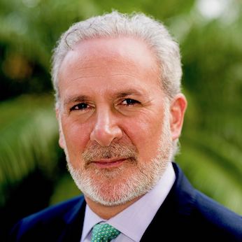 A professional headshot of a gray-haired, bearded man in a dark suit and green tie—identified by the context as economist Peter Schiff—posed against a tropical foliage background, accompanying his warning about potential lawsuits against the Trump Organization's crypto ventures.