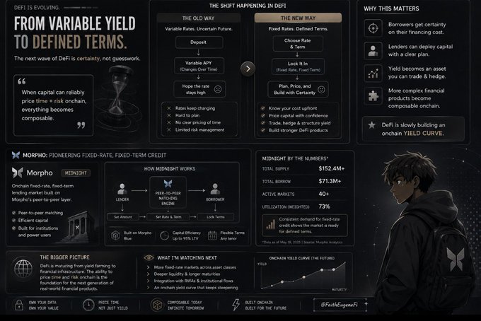 Dark-themed infographic titled "DEFI IS EVOLVING: FROM VARIABLE YIELD TO DEFINED TERMS" detailing a shift in DeFi lending, comparing "THE OLD WAY" vs "THE NEW WAY" with Morpho MidNIGHT highlighted as a "PIONEERING FIXED-RATE, FIXED-TERM CREDIT" solution, alongside statistics for MidNight by the Numbers.