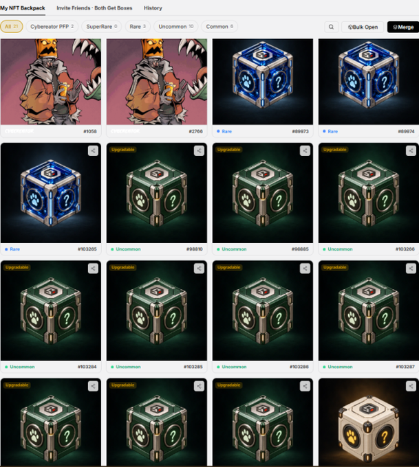 A webpage titled “My NFT Backpack” displays a grid of NFT inventory items, including character-art cards and cube-like loot boxes labeled “Rare,” “Uncommon,” and “Upgradeable.”