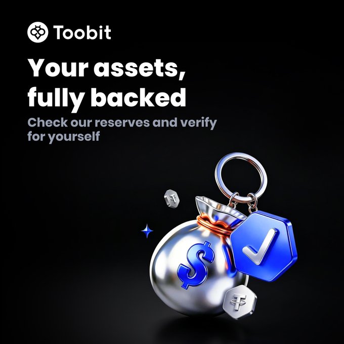 The image is a Toobit promotional graphic with the text "Your assets, fully backed" and "Check our reserves and verify for yourself," accompanied by a 3D illustration of a silver money bag with a dollar sign, a keychain with a blue checkmark, and floating coin/token charms. It directly supports the post's message by encouraging users to verify Toobit's Proof of Reserves themselves.