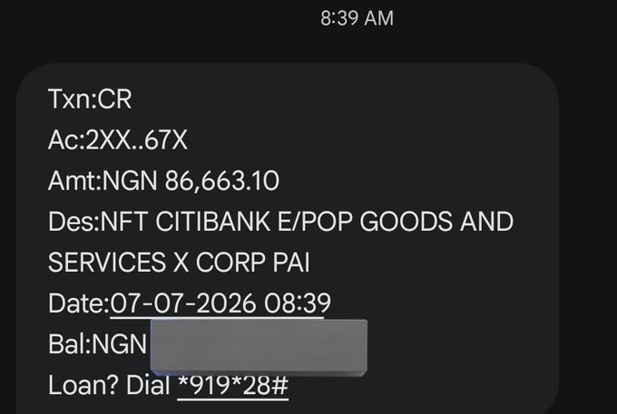 A mobile banking transaction notification showing a credit (Txn:CR) to an account ending in 67X for NGN 86,663.10 from NFT CITIBANK E/POP GOODS AND SERVICES X CORP PAI, dated 07-07-2026 at 08:39.
