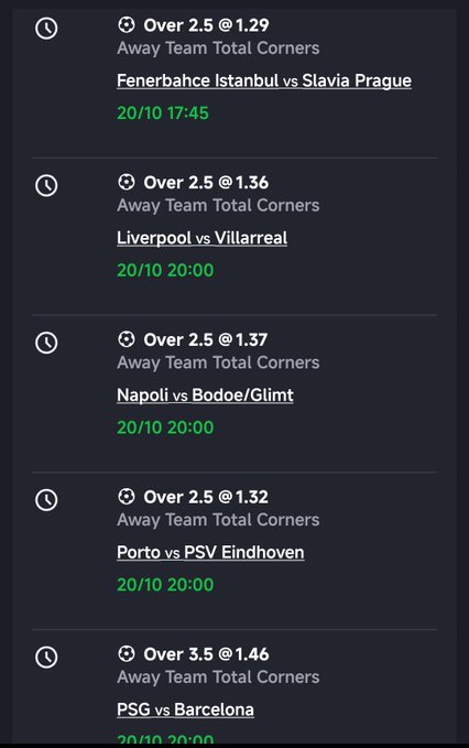 Screenshot of a betting slip listing “Away Team Total Corners” selections, including Fenerbahçe Istanbul vs Slavia Prague Over 2.5 @ 1.29, Liverpool vs Villarreal Over 2.5 @ 1.36, Napoli vs Bodø/Glimt Over 2.5 @ 1.37, Porto vs PSV Eindhoven Over 2.5 @ 1.32, and PSG vs Barcelona Over 3.5 @ 1.46, dated 20/10. It illustrates the post’s strategy of targeting teams likely to earn 3–4 corners, referenced by odds and bet ID “8.2k Odds HA6NVB.”