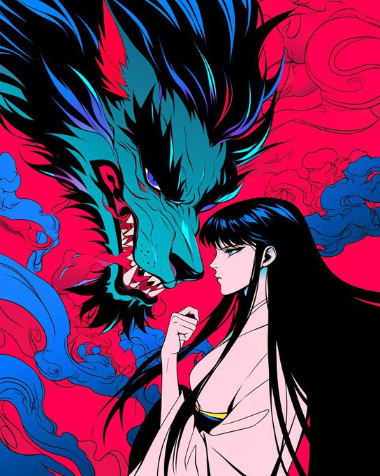 A vibrant pop art-style image with a red and blue color palette depicting a woman with long black hair facing a menacing blue dragon or wolf-like creature.