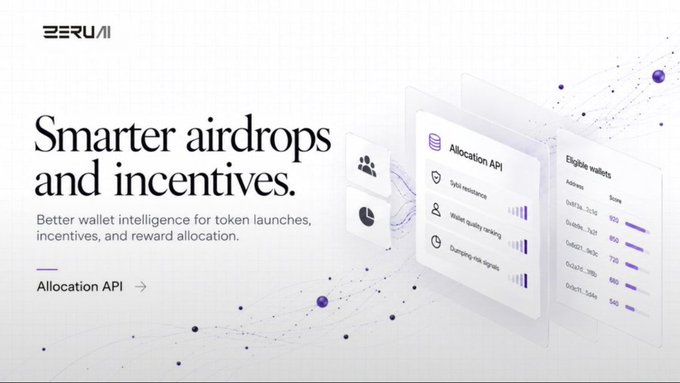 A BeruAI promotional graphic reads “Smarter airdrops and incentives” and highlights its “Allocation API” with panels for “Allocation API,” “Sybil resistance,” “Wallet quality meaning,” and “Damping-tag signals.” The image frames BeruAI’s verified, quality-scored allocation infrastructure, which connects to the post’s need for verified Hyperliquid trading data on the Aspen campaign leaderboard on Zaps.