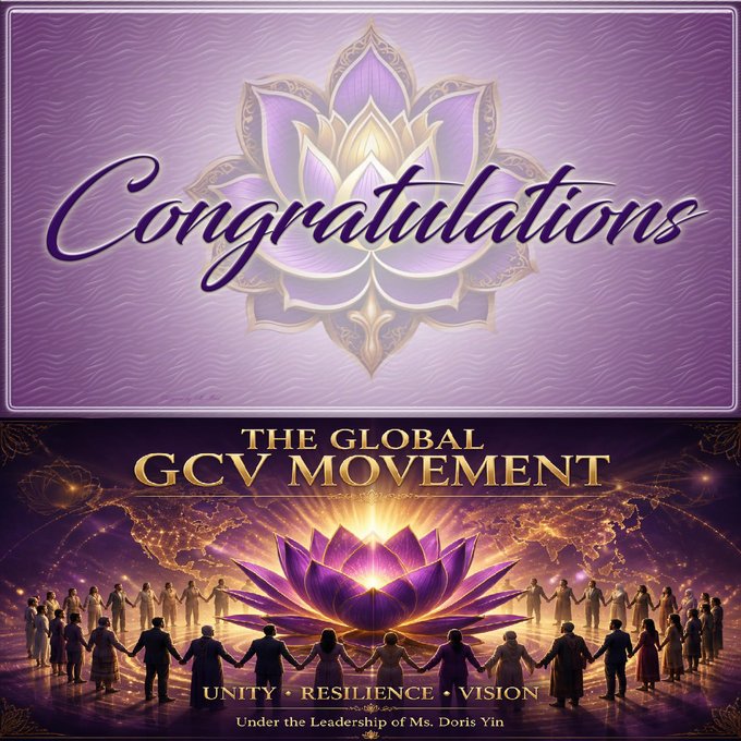 The image is a vibrant purple and gold congratulatory graphic featuring an ornate lotus design, with text reading "Congratulations," "THE GLOBAL GCV MOVEMENT," and "UNITY • RESILIENCE • VISION — Under the Leadership of Ms. Doris Yin," depicting a diverse group holding hands around a glowing lotus against a world map backdrop.

The celebratory graphic appears to celebrate a milestone within the Global GCV Movement under Ms. Doris Yin's leadership, which the poster seems to be celebrating as part of their joyful announcement about recovering their X account and attributing it to "God's will."