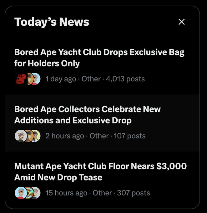 A 'Today's News' feed displaying headlines about Bored Ape Yacht Club exclusive drops and Mutant Ape Yacht Club floor prices nearing $3,000.