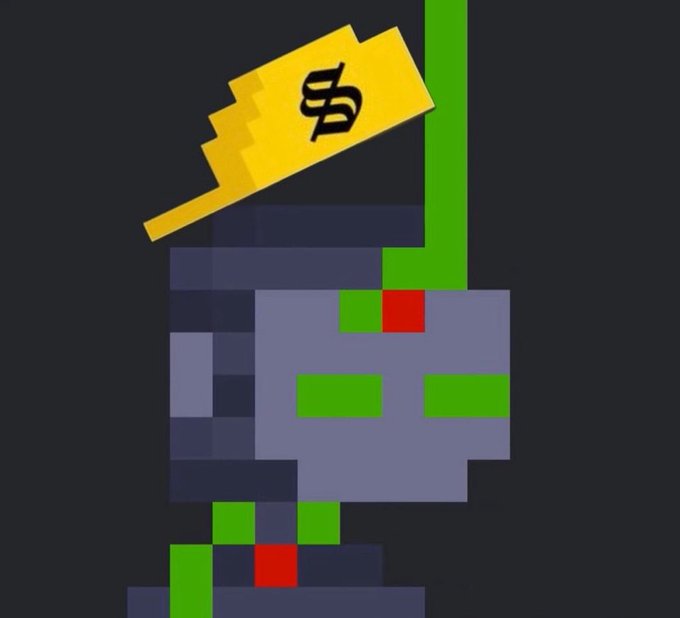 A pixel art character with a gray skull-like face and green accents wears a yellow Bitcoin (₿) symbol as a hat against a dark background.