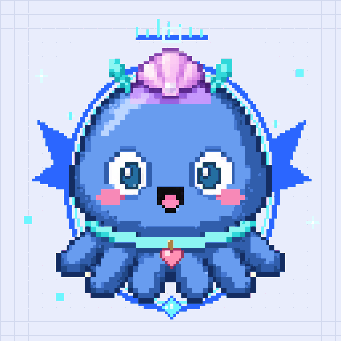 A pixel art image of an adorable blue octopus-like creature wearing a pink shell crown, a heart necklace, and a halo, surrounded by sparkles. The cute character pairs perfectly with the post's sentiment of lovingly "hodling" everything, embodying the wholesome "I love them all" vibe with its blushing, joyful expression.