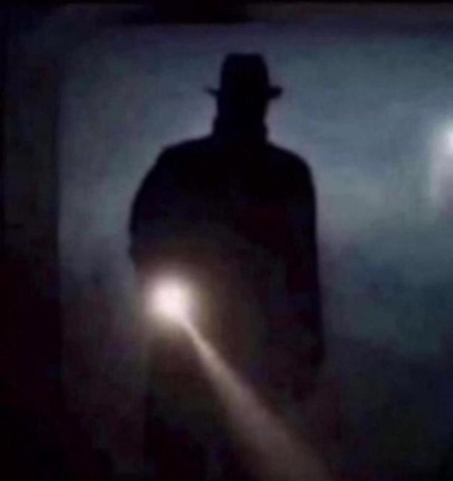 A dark, blurry silhouette of a figure wearing a hat and coat stands in a dimly lit, hazy environment while holding a flashlight that shines a bright beam of light.