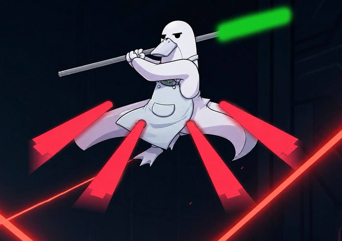 A cartoon goose warrior defiantly wields a green lightsaber (symbolizing bullish/green candles) while blocking red laser blasts (bearish/red candles), embodying the "defending the bull side" spirit of the post.