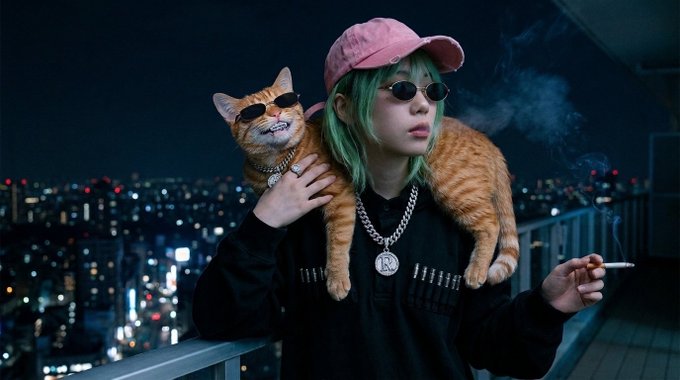 A person with green hair, wearing a pink cap and dark sunglasses, carries a sunglasses-wearing orange cat on their shoulders while holding a cigarette, set against a nighttime city skyline. The stylized, confident pose complements the post's tone of being ahead of the curve, suggesting the poster sees themselves as an early investor in undervalued tokens like $RHUB (500M) and $ARB (10B) before mainstream consensus catches on.