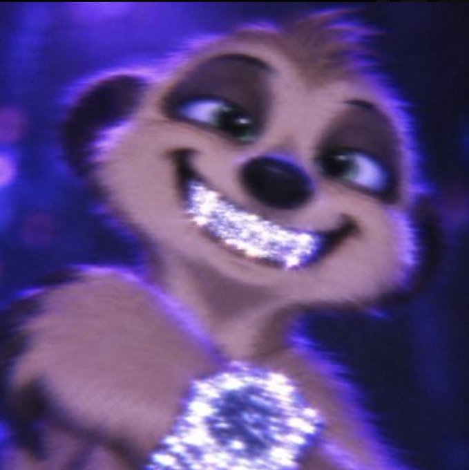 An edited image of the animated meerkat character Timon from The Lion King with a wide, sparkling grin and eerie eyes against a purple background.