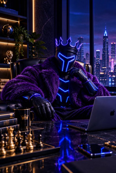 A futuristic figure wearing a glowing blue LED helmet with flame-like accents and a purple fur coat, sitting at a desk with a MacBook laptop, a chess set, and a smartphone, against a backdrop of a nighttime city skyline.