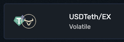 A cryptocurrency pair ticker display showing 'USDTEth/EX' labeled as 'Volatile' alongside USDC and DAI logos.