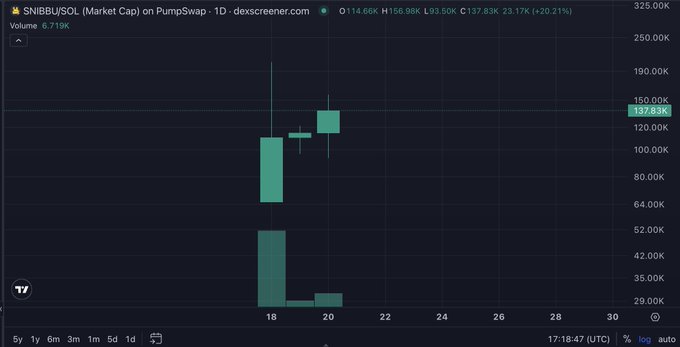 A cryptocurrency price chart showing SNIBBU/SOL (Market Cap) on PumpSwap · 1D from dexscreener.com, displaying a current price of 137.83K with a +20.21% gain.