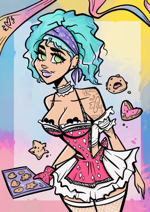 An illustration of a female character with teal hair wearing a pink and white maid-style outfit, with cookies floating around her and a baking tray nearby.