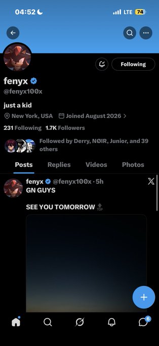 Twitter/X profile page for 'fenyx' (@fenyx100x), showing 231 Following and 1.7K Followers, joined August 2026, with a post saying 'GN GUYS' and 'SEE YOU TOMORROW'.