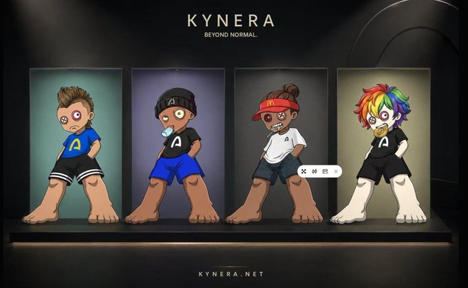 Four stylized cartoon avatars are displayed under the title "KYNERA - BEYOND NORMAL" with "KYNERA.NET" at the bottom, showcasing diverse characters with pacifiers, caps, and rainbow hair, though the image itself appears unrelated to the accompanying post about the Arc mainnet launch and crypto ecosystem development.