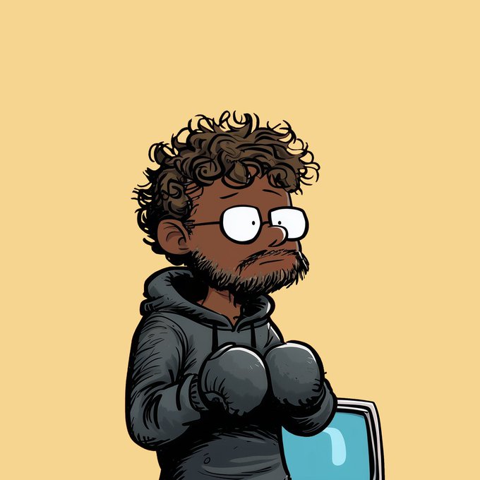 A cartoon illustration depicts a man with curly dark hair, a beard, glasses, and boxing gloves wearing a dark hoodie, set against a plain tan background.