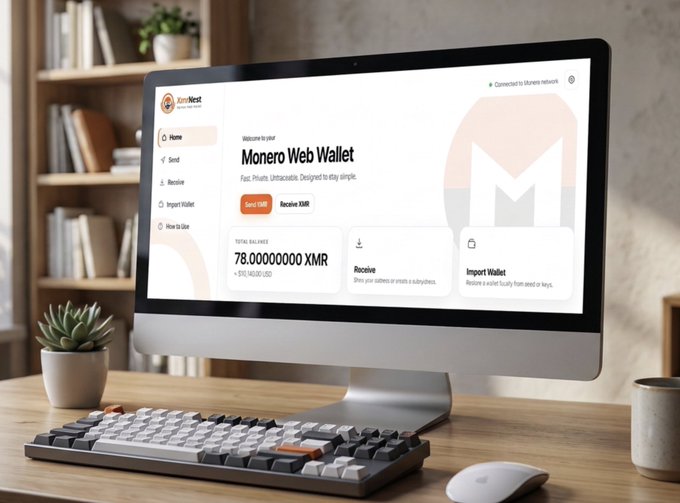 A computer monitor on a wooden desk displays the 'KoinNest' Monero Web Wallet interface showing a total balance of 78.00000000 XMR, accompanied by a mechanical keyboard, mouse, coffee mug, and potted plants.