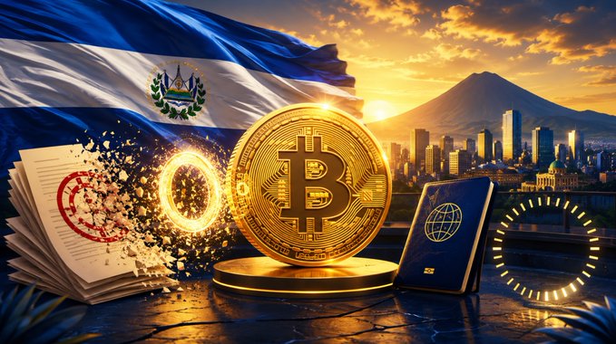 A large golden Bitcoin coin stands prominently in front of the El Salvador flag, with a cityscape, passport, and golden ring in the background, visually representing the post's promotion of El Salvador as a tax-friendly destination for Bitcoin investors seeking residency and 0% taxes on gains and foreign income.