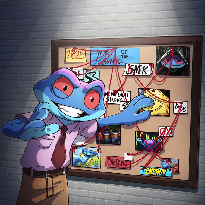An illustration of a blue cartoon character in a shirt and tie standing in front of a conspiracy board with red string connecting various items labeled '2025', 'YEAR OF THE SNAKE', 'SMEK', 'MEME GAME STRONG', 'BANKS', 'CARDANO', and 'ENERGY'.