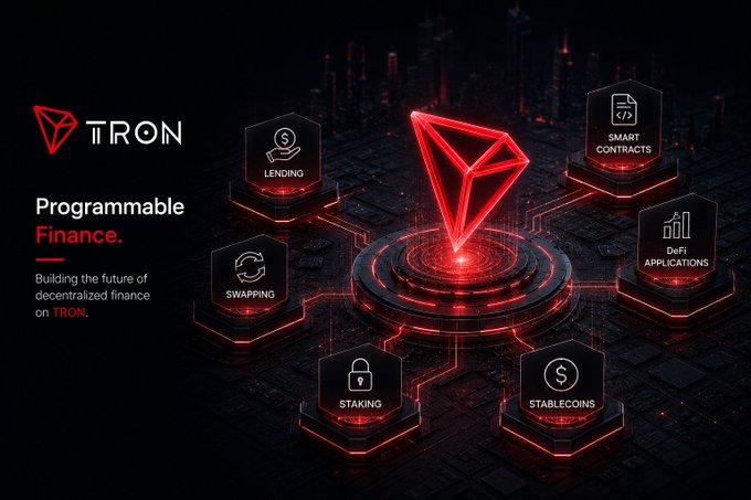 A promotional graphic for TRON featuring its red triangular logo at the center of a futuristic circuit board design, surrounded by six hexagonal icons representing core DeFi features: Lending, Smart Contracts, DeFi Applications, Swapping, Staking, and Stablecoins. The tagline "Programmable Finance - Building the future of decentralized finance on TRON" highlights the platform's role in enabling decentralized applications and financial services, aligning with the post's emphasis on TRON's infrastructure for a more open internet.