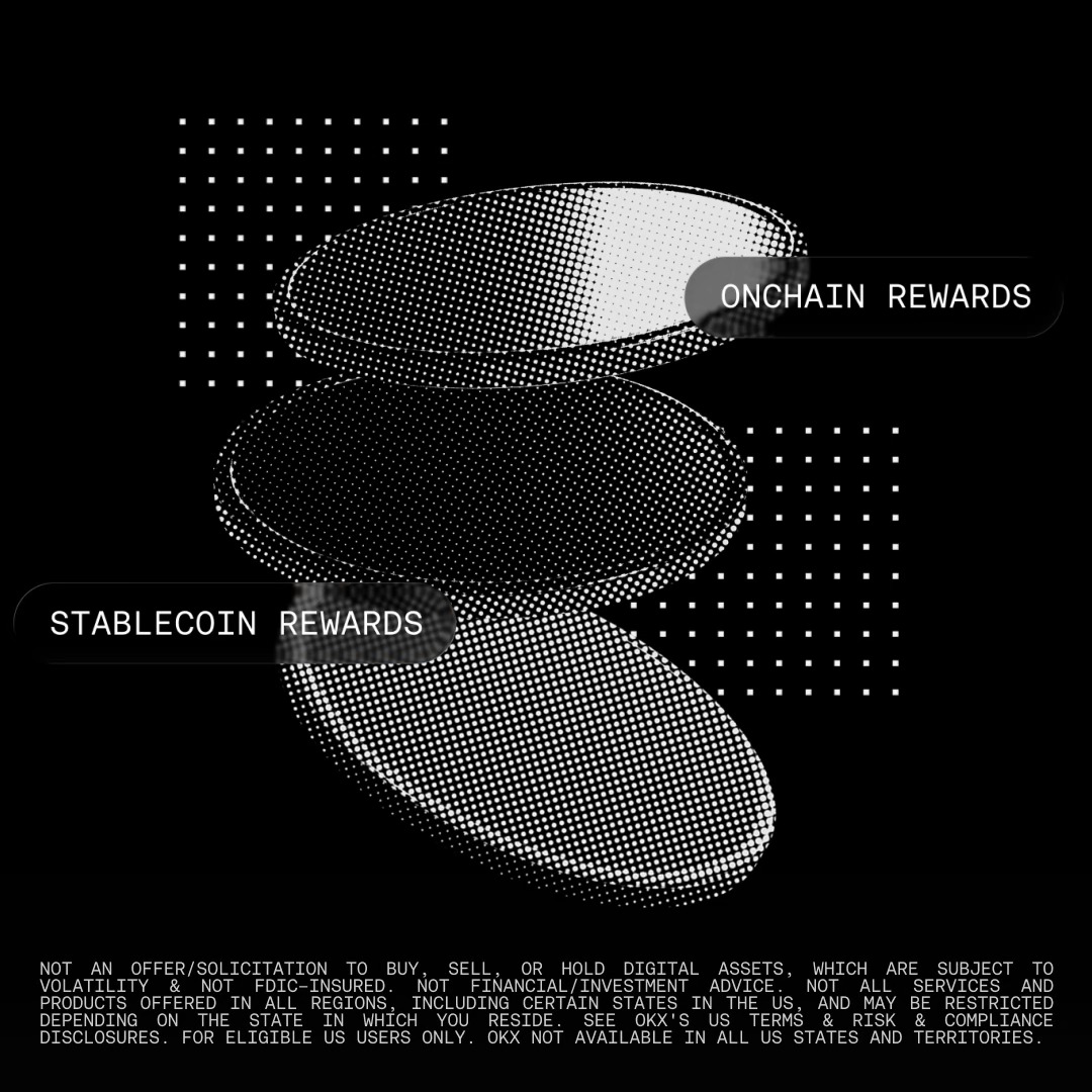 A black and white halftone graphic shows two stacked oval shapes labeled "ONCHAIN REWARDS" and "STABLECOIN REWARDS," with a regulatory disclaimer at the bottom noting OKX's US terms and that the service is not available in all states. The image ties to the OKX EARNFEST 2026 promotion by highlighting the reward categories—onchain and stablecoin—available through OKX Earn for eligible US traders entering the $2K USDG giveaway.