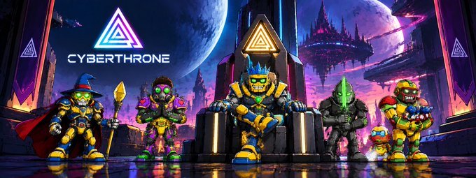 A vibrant cyberpunk banner for 'CYBERTHRONE' features various stylized robotic characters with glowing elements, set against a futuristic cityscape with a large moon in the background.