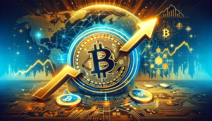 A vibrant digital artwork featuring a golden Bitcoin coin at its center, overlaid with an upward-pointing orange arrow, set against a backdrop of stock market charts, a globe, and circuit board patterns in blue and orange tones.