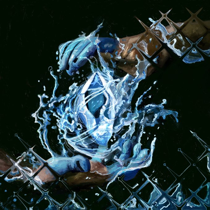A digital artwork depicting two arms clad in metallic gauntlets clenching a glowing blue crystalline object, with bright blue magical energy and liquid splashing outward against a dark background.
