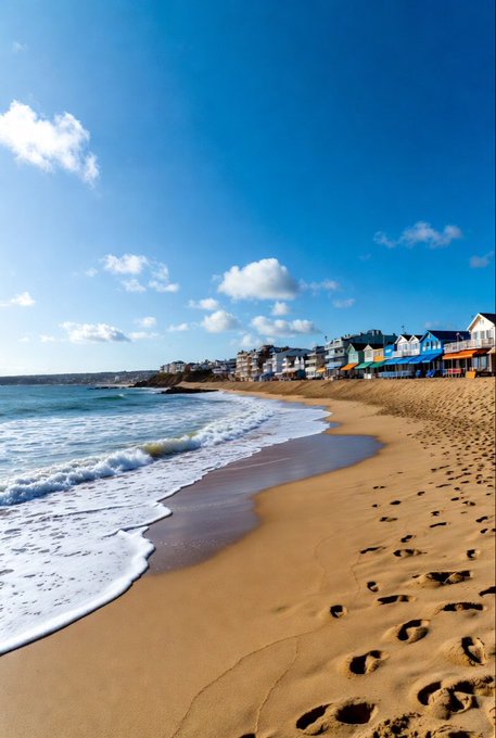 A sunny beach scene features golden sand marked with footprints, gentle waves rolling onto the shore, and a row of coastal houses lining the bluff under a bright blue sky with scattered clouds.