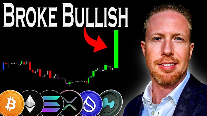 A man in a suit appears alongside a candlestick chart showing a sharp green bullish breakout, with the bold text "BROKE BULLISH" and a red arrow highlighting the upward move. Along the bottom, icons for Bitcoin, Ethereum, Solana, XRP, Sui, and Aptos reinforce the YouTube thumbnail's crypto market analysis theme.